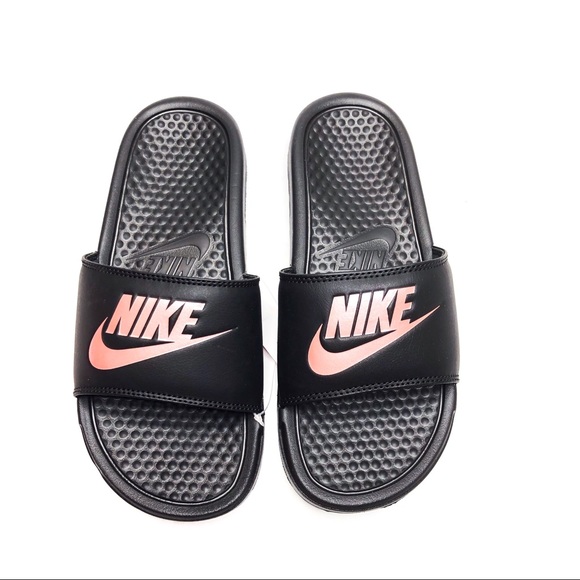 black and rose gold nike slides